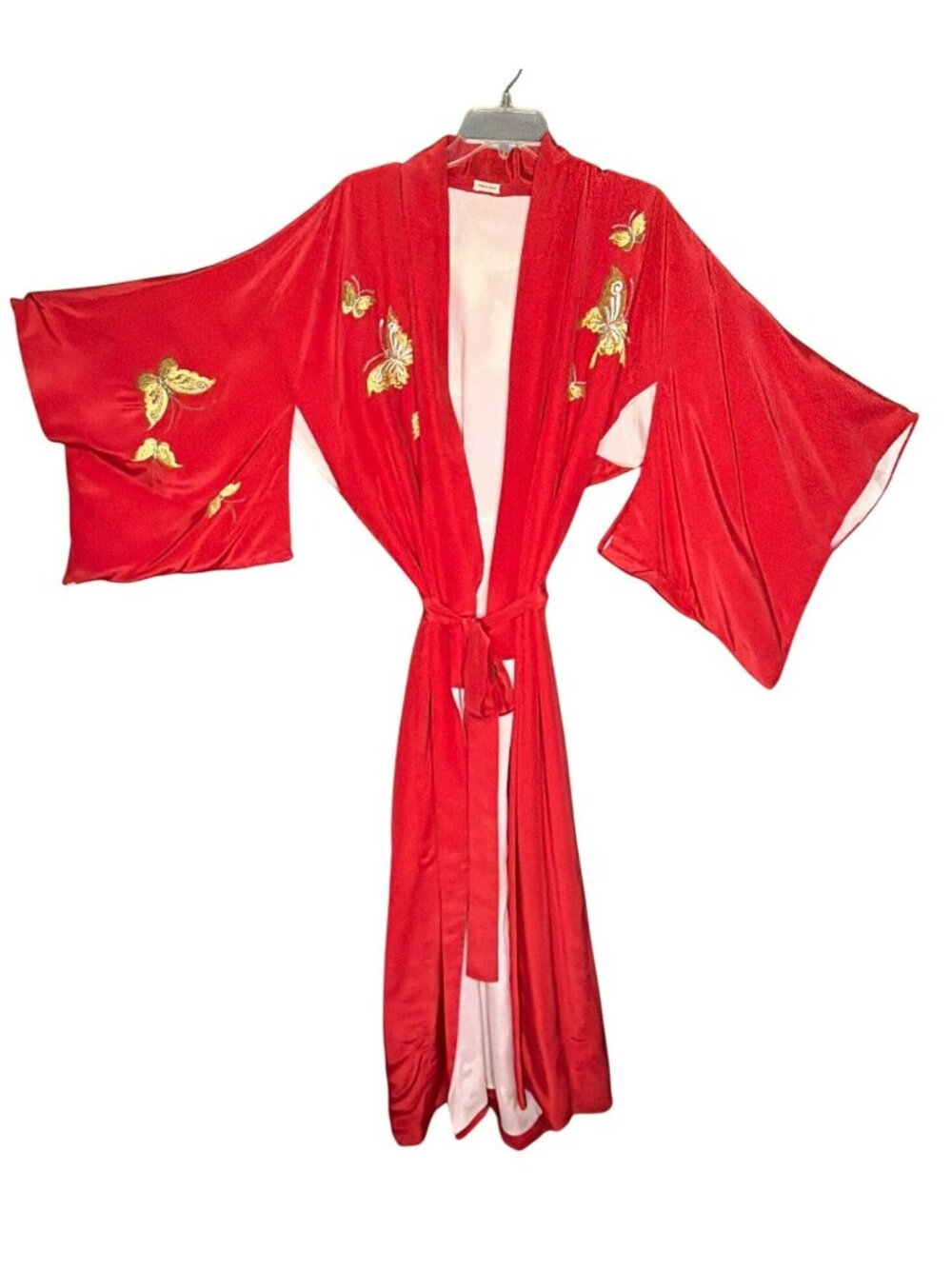 VTG Red Silk Kimono Japanese Gold Butterfly Women's